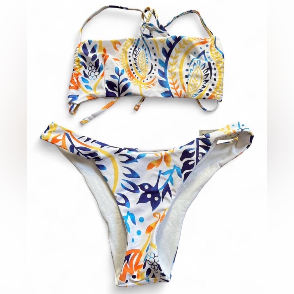 White Plant Patterned Bandana Bikini Set